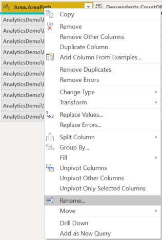 Screenshot di trasformazione dati in Power BI, Rinomina colonne.
