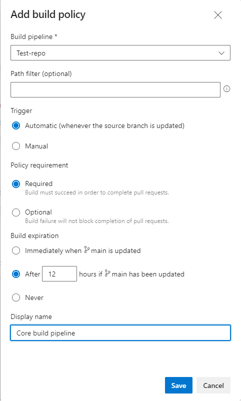 Screenshot delle impostazioni delle politiche di build.