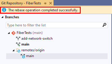 Screenshot del messaggio di conferma del rebase nella finestra Repository Git di Visual Studio 2019.