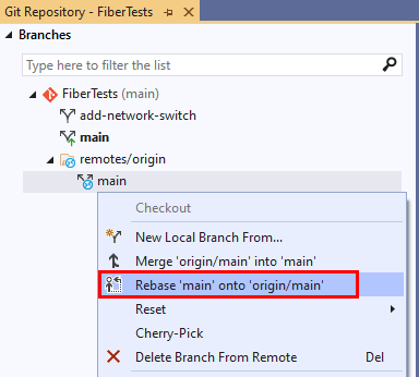 Screenshot dell'opzione Rebase nel menu di scelta rapida del branch nella finestra Repository Git di Visual Studio 2019.