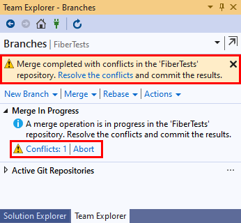 Screenshot del messaggio di conflitto di merge nella visualizzazione dei Rami di Team Explorer in Visual Studio 2019.