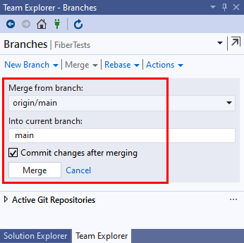 Screenshot dei dettagli del merge nella visualizzazione Rami di Team Explorer in Visual Studio 2019.