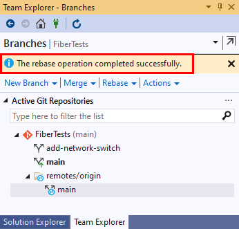 Screenshot del messaggio di conferma del rebase nella visualizzazione Rami di Team Explorer in Visual Studio 2019.