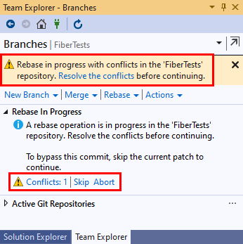 Screenshot del messaggio di conflitto di rebase nella vista Rami di Team Explorer in Visual Studio 2019.