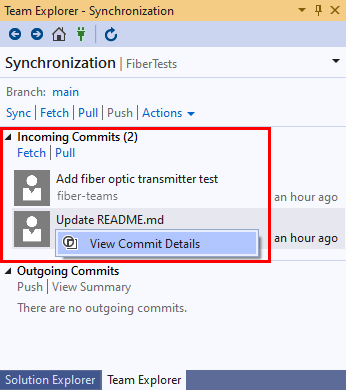 Screenshot del menu contestuale per i commit in ingresso nella visualizzazione della sincronizzazione di Team Explorer in Visual Studio 2019.