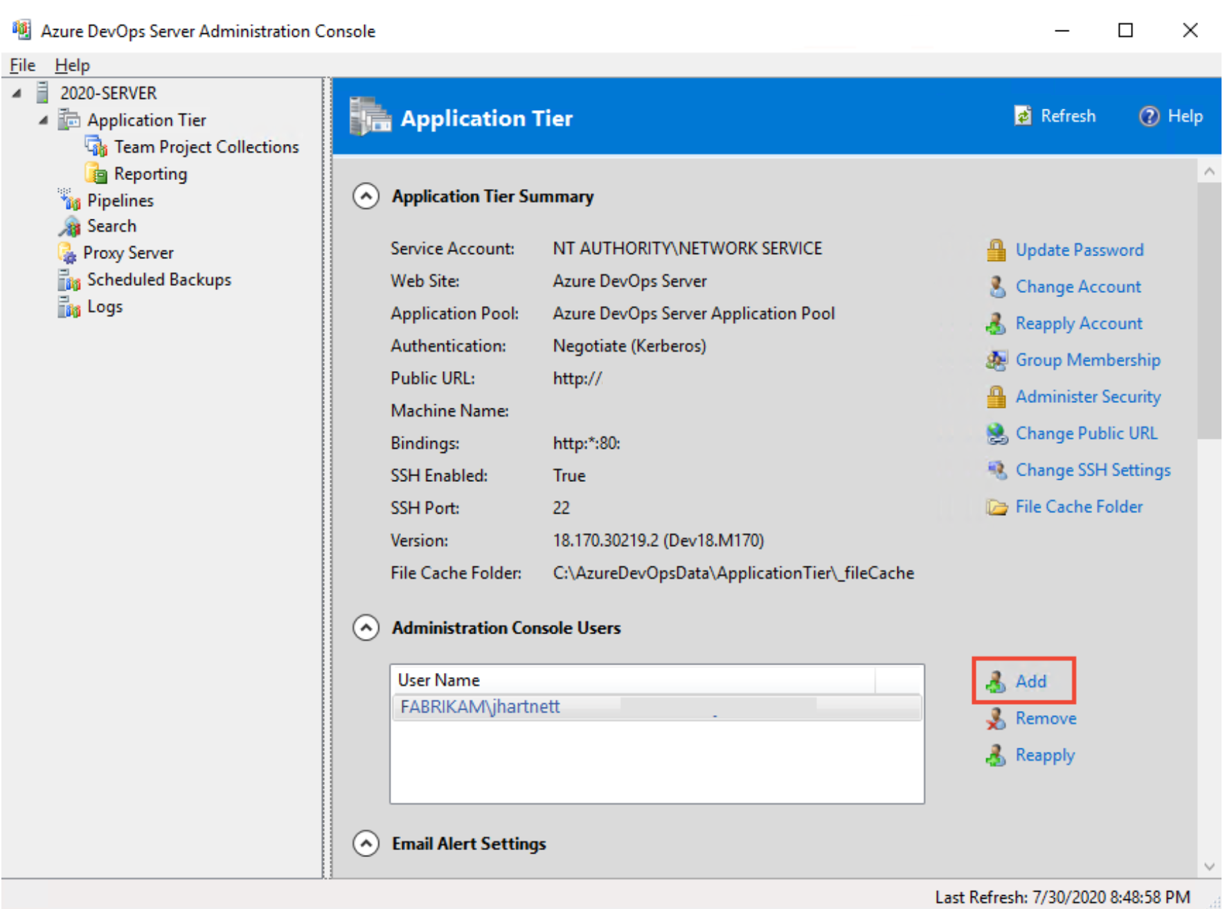 Screenshot della Console di amministrazione del server 2020 con l'opzione Aggiungi evidenziata.