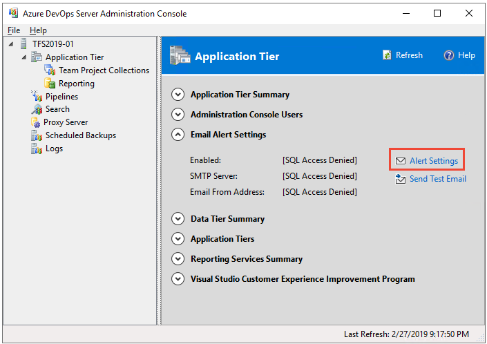 Screenshot degli avvisi di posta elettronica aperti per il livello dell'applicazione.