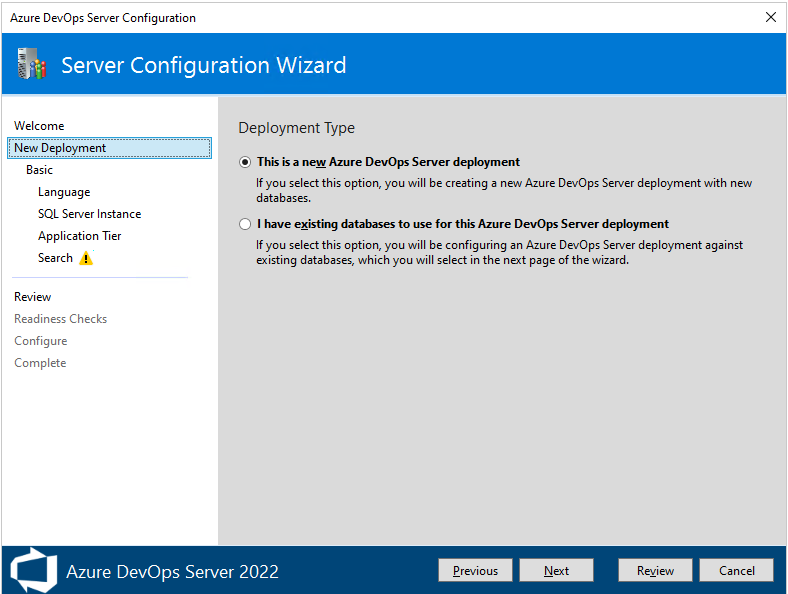 Screenshot della schermata Nuova distribuzione della Procedura guidata di configurazione del server, 2022. 