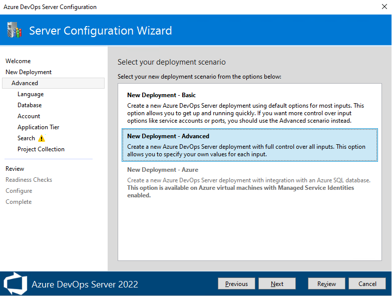 Screenshot della Configurazione guidata del server, Nuova Distribuzione, opzione Avanzata selezionata, 2022.