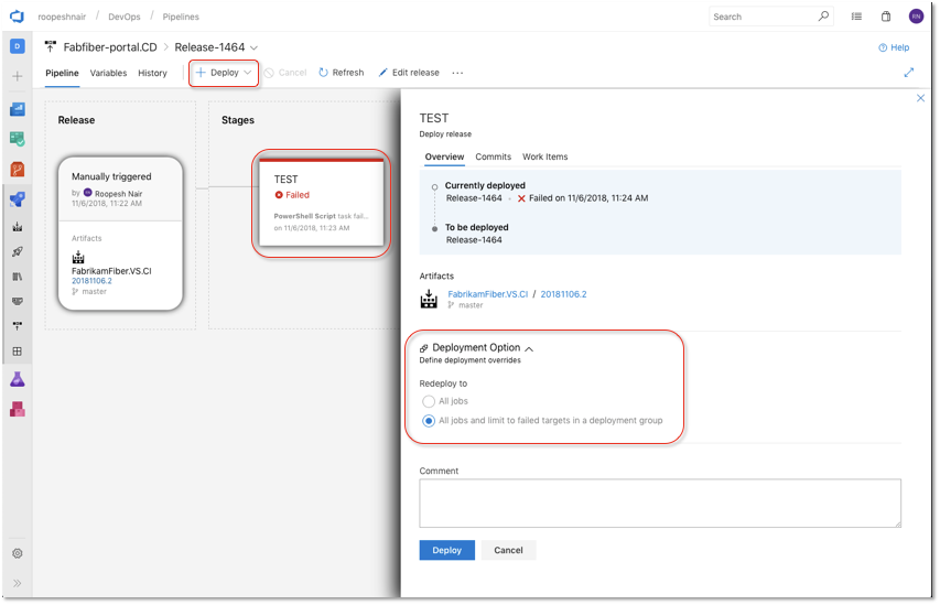 Screenshot che mostra l'opzione Distribuisci selezionata, un errore di test e la sezione Opzioni di distribuzione evidenziata.