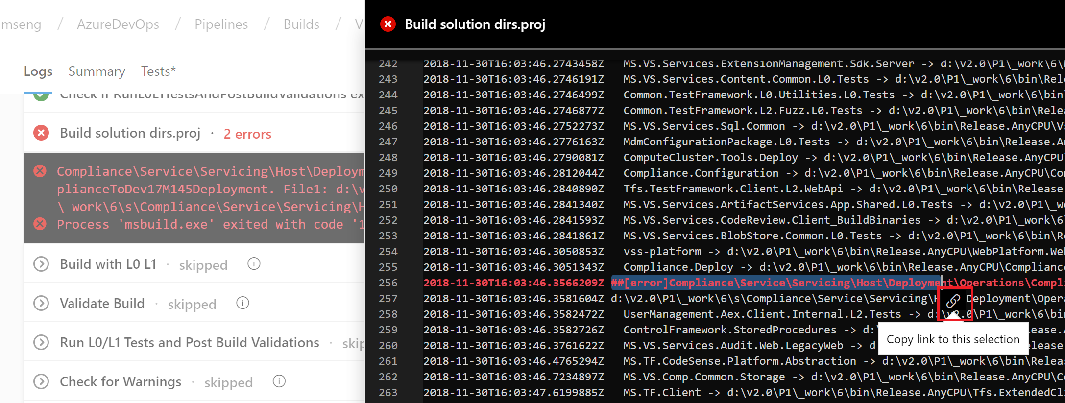 Screenshot del file dirs.proj relativo alla soluzione di build con una riga del log evidenziata e l'opzione Copia collegamento a questa selezione richiamata.