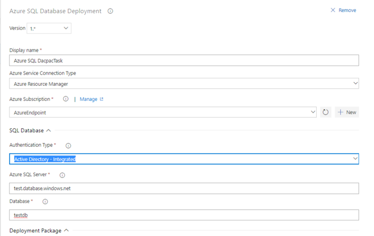 Screenshot della finestra di dialogo Distribuzione database SQL di Azure con il menu a tendina Tipo di autenticazione evidenziato.