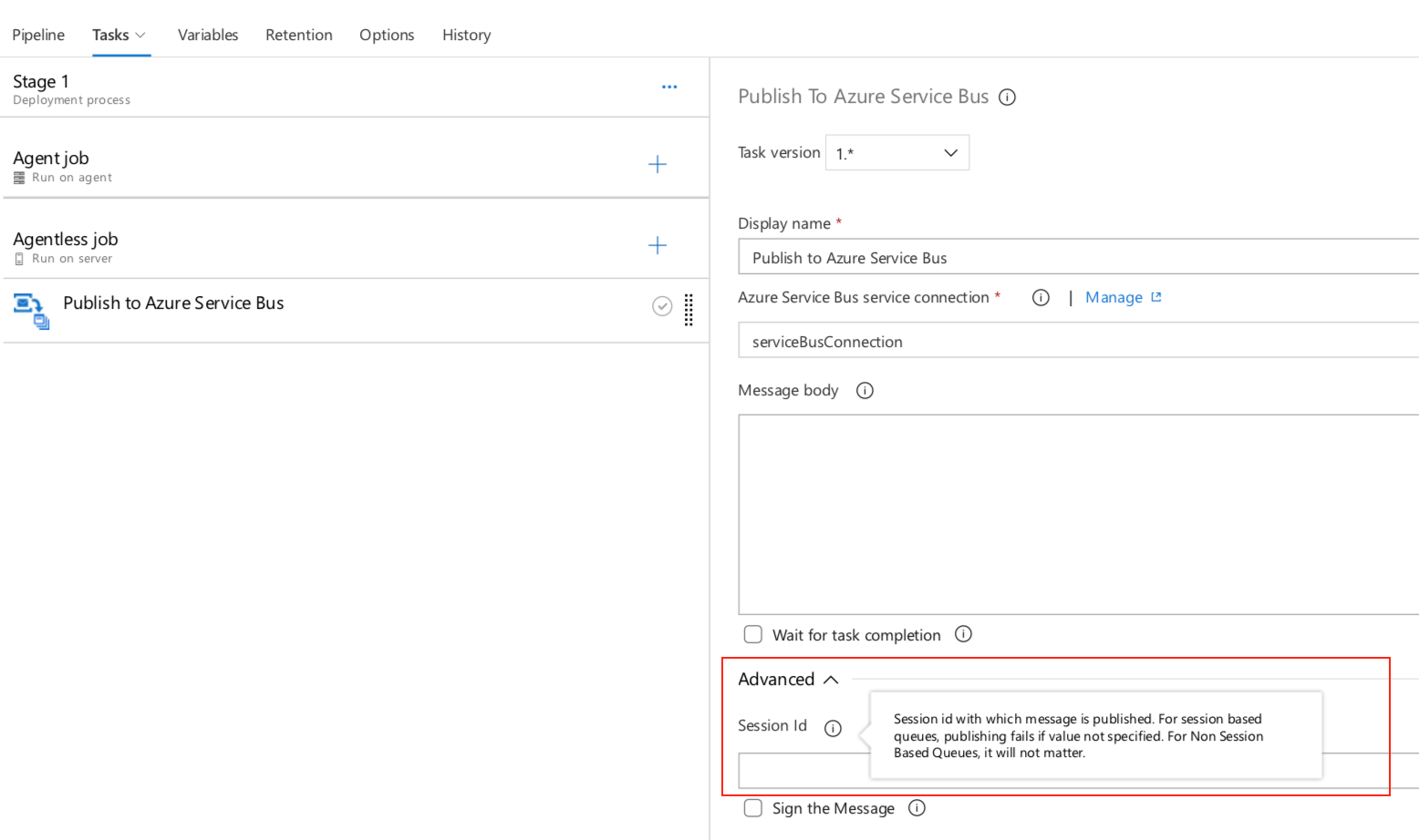 Screenshot dell'attività Pubblica su Azure Service Bus.