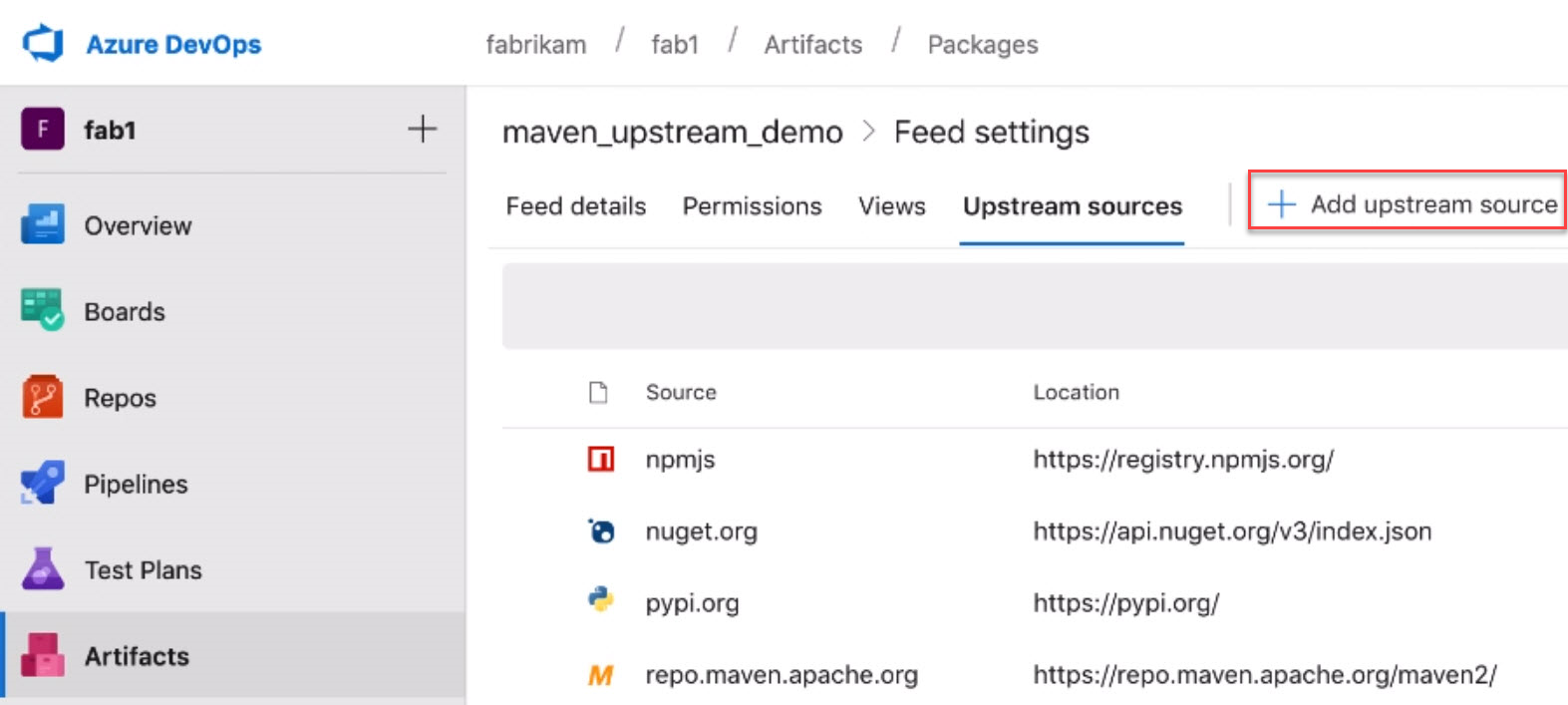 Screenshot che mostra l'opzione di aggiunta dell'origine upstream.