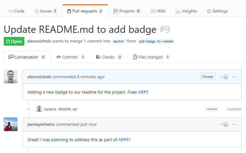 Screenshot che mostra una pull request su GitHub.