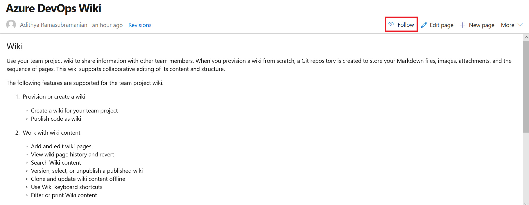 screenshot di una pagina wiki di Azure DevOps con l'opzione Segui evidenziata.