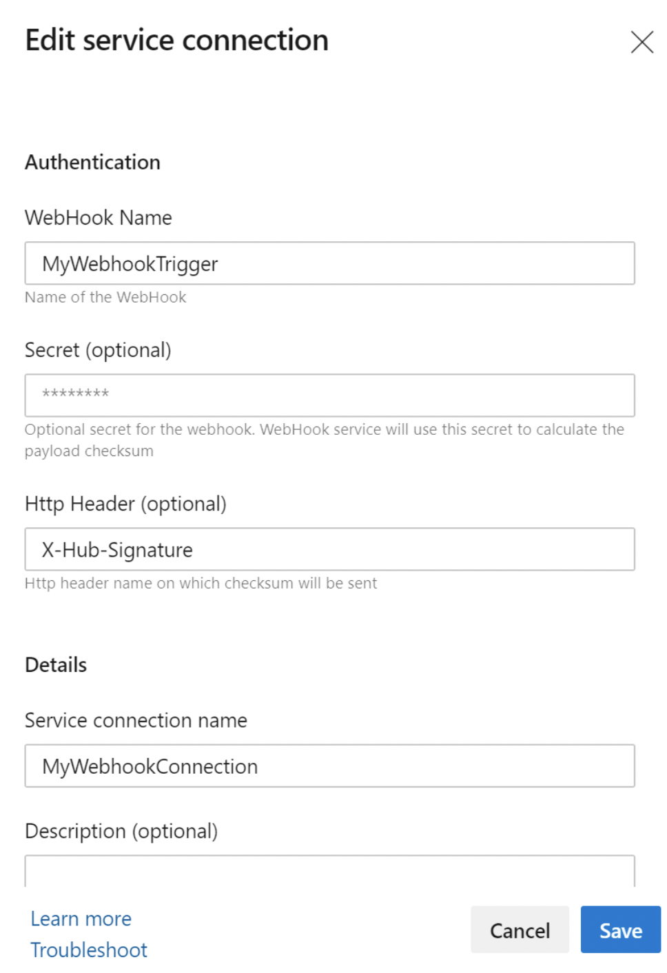 Nella pagina di modifica della connessione al servizio, configura i trigger webhook.