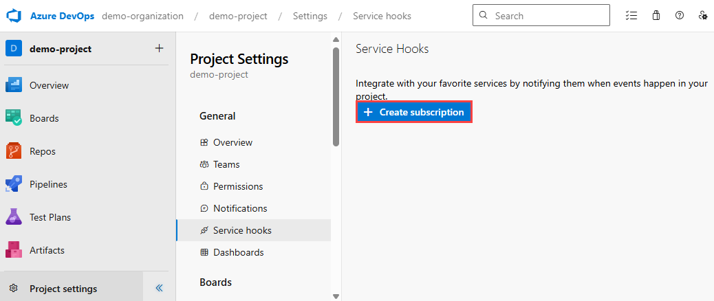 Screenshot della pagina Service Hooks di un progetto Azure DevOps. Il pulsante Crea sottoscrizione è evidenziato.