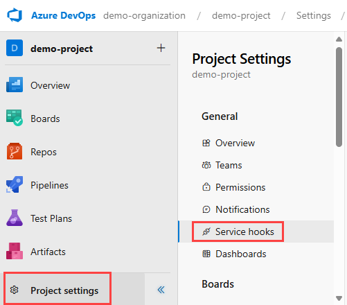 Screenshot che mostra un progetto Azure DevOps. Sul lato, le impostazioni del progetto e gli hook del servizio sono evidenziati.
