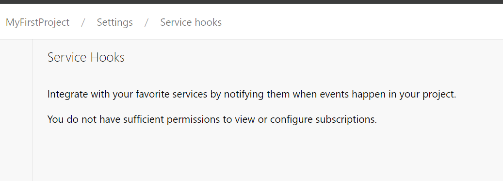 Screenshot che mostra la pagina ServiceHooks senza autorizzazione.