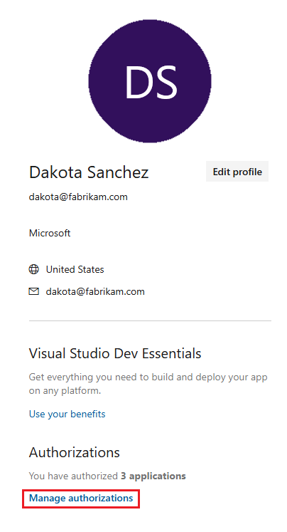 Screenshot di una pagina del profilo di Visual Studio con le informazioni di contatto per un utente. Nella sezione Autorizzazioni è evidenziata l'opzione Gestisci applicazioni.