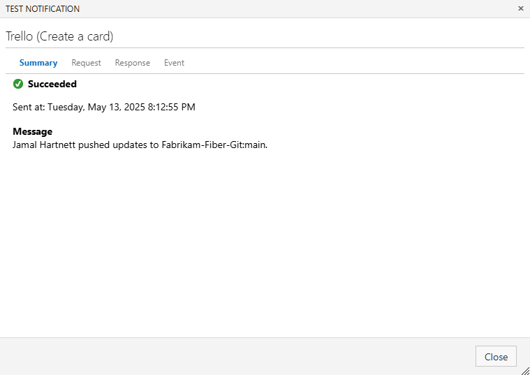 Screenshot della finestra di notifica del test. Nella scheda Riepilogo, un messaggio relativo a un push mostra lo stato Completato.
