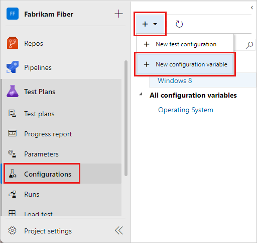 Screenshot dell'opzione Nuova variabile di configurazione nel menu Nuovo.