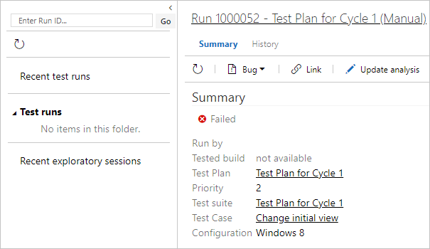 Screenshot che mostra il riquadro Esecuzioni di test con informazioni su una singola esecuzione di test.