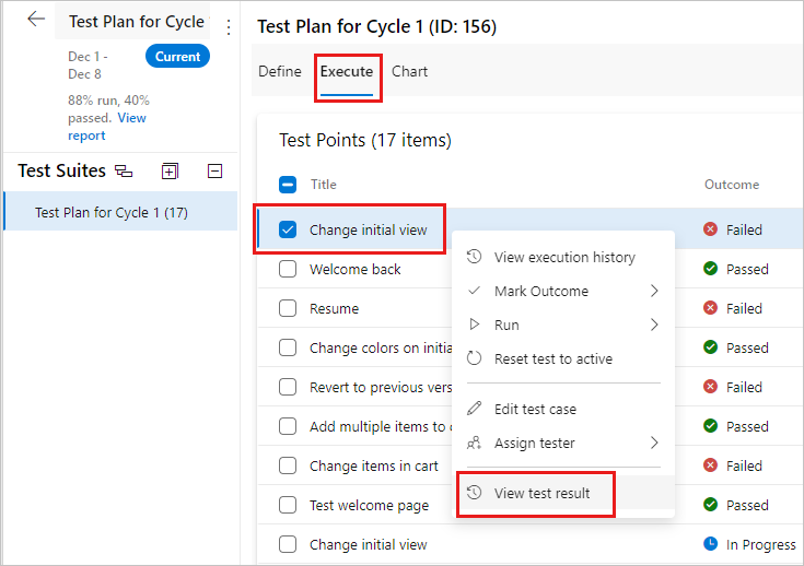 La screenshot mostra il menu di scelta rapida per un test case, con l'opzione Visualizza risultato del test selezionata.