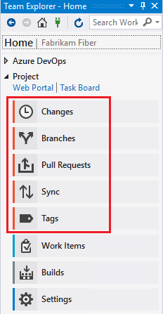 Screenshot della home page di Team Explorer per Visual Studio 2019 che mostra le funzionalità Git evidenziate.