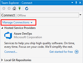 Screenshot del riquadro Team Explorer in Visual Studio 2019 che mostra l'opzione Gestisci connessioni evidenziata.
