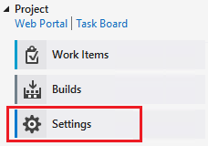 Screenshot della home page di Team Explorer per Visual Studio 2019 che mostra l'opzione Impostazioni evidenziata.