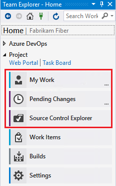 Screenshot della home page di Team Explorer per Visual Studio 2019 che mostra le funzionalità di controllo della versione di Team Foundation evidenziate.