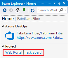 Screenshot della home page di Team Explorer per Visual Studio 2019 che mostra le funzionalità del portale Web e della scheda attività evidenziate.