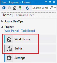 Screenshot della home page di Team Explorer per Visual Studio 2019 che mostra le funzionalità Elementi di lavoro e compilazioni evidenziate.