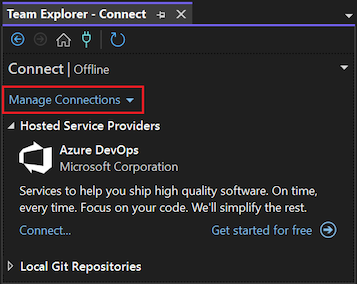 Screenshot del riquadro Team Explorer in Visual Studio 2022 che mostra l'opzione Gestisci connessioni evidenziata.