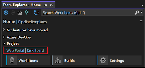 Screenshot della home page di Team Explorer per Visual Studio 2022 che mostra le funzionalità del portale Web e della scheda attività evidenziate.