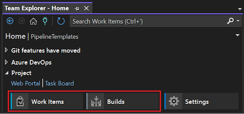 Screenshot della home page di Team Explorer per Visual Studio 2022 che mostra le funzionalità Elementi di lavoro e compilazioni evidenziate.