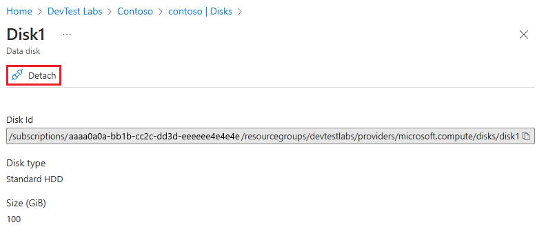 Screenshot che mostra Scollega nella pagina Disco dati.