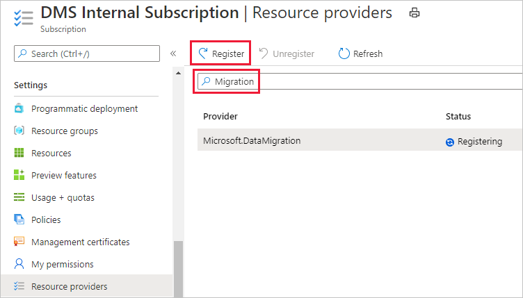Screenshot della schermata Registra il provider di risorse.