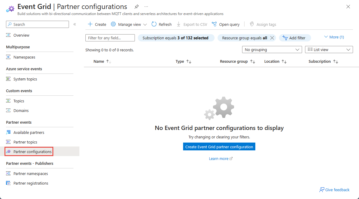 Screenshot che mostra le configurazioni partner di Griglia di eventi con l'elenco delle configurazioni dei partner e un collegamento per creare una registrazione partner.