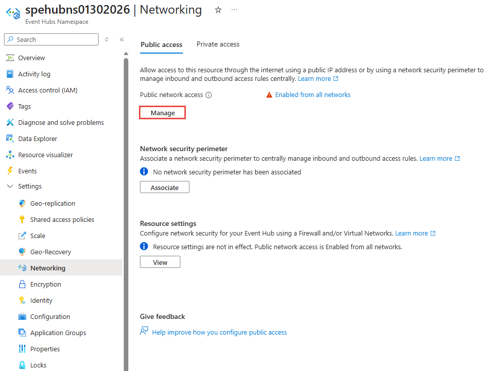 Screenshot che mostra la pagina Accesso pubblico con il pulsante Gestisci evidenziato.