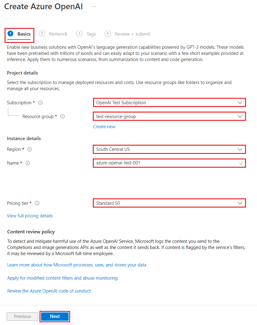 Screenshot che illustra come configurare una risorsa OpenAI Azure nel Azure portal.