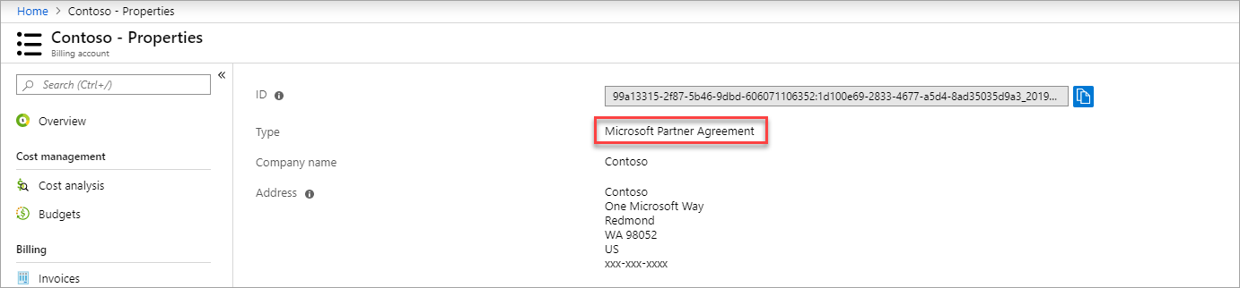 Screenshot che mostra il contratto Microsoft Partner nella pagina delle proprietà