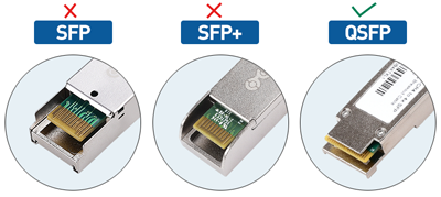 Immagine che evidenzia le differenze tra i cavi SFP+, SFP28 e QSFP28.