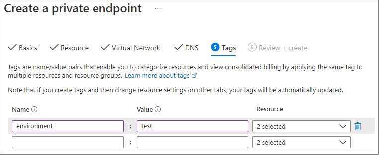 Screenshot che mostra come contrassegnare facoltativamente l'endpoint privato con coppie nome/valore per facilitare la categorizzazione.