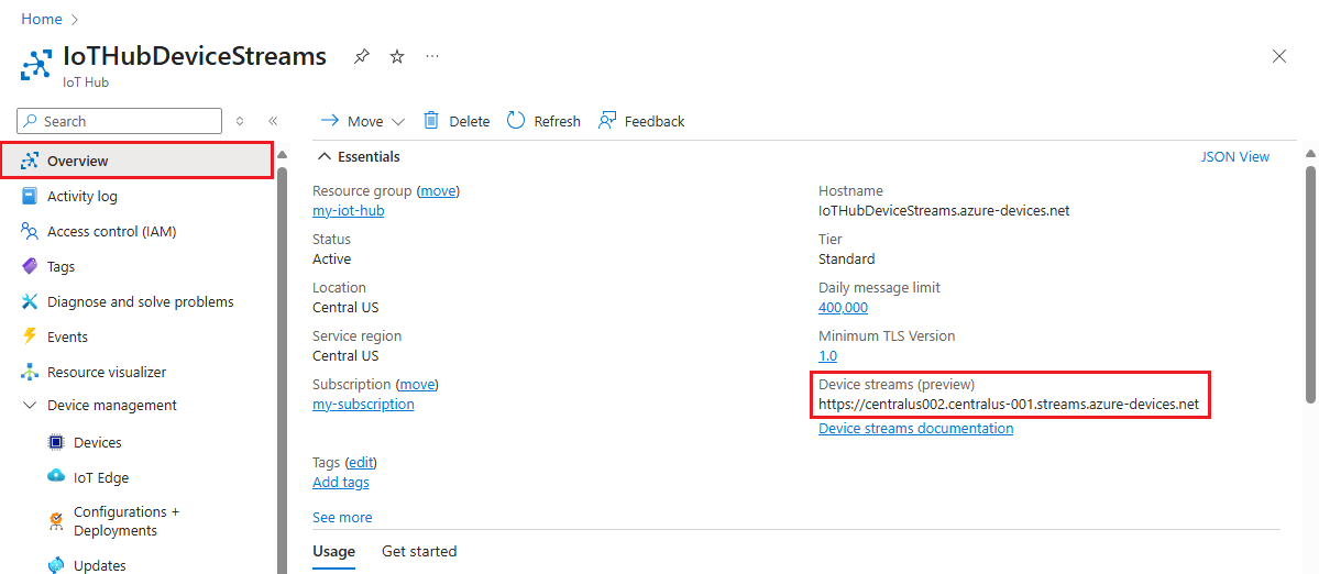 Screenshot del riquadro di lavoro per un hub IoT nel portale di Azure, che evidenzia il nome host per gli endpoint di streaming dei dispositivi.