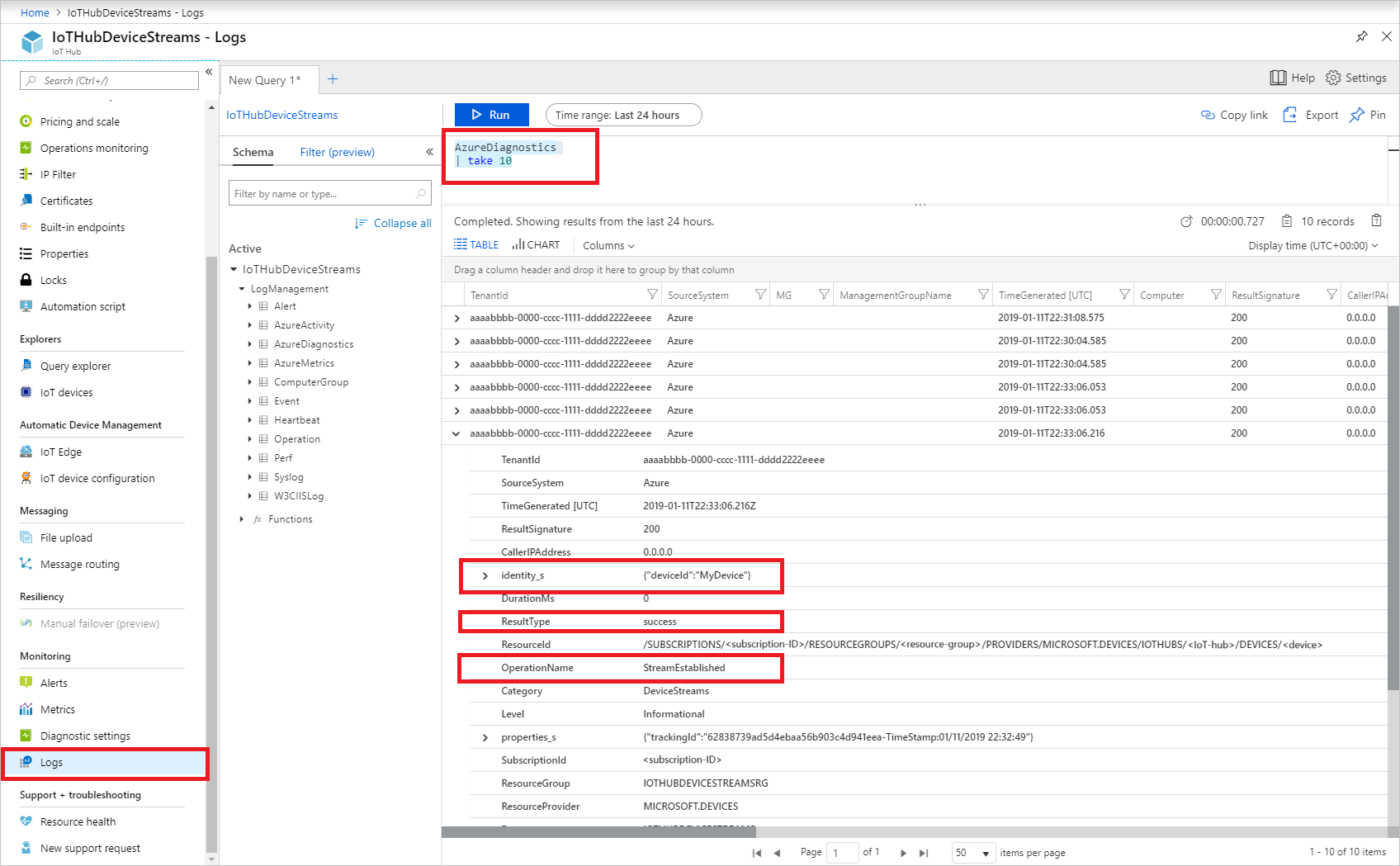 Screenshot che mostra i log di AzureDiagnostic per un hub IoT, evidenziando l'identità, l'operazione e i risultati per una voce del log delle risorse Device Streams.