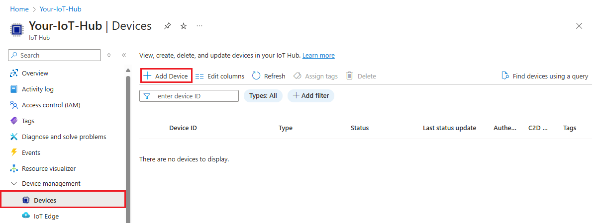 Screenshot che mostra l'aggiunta di un nuovo dispositivo nel portale di Azure.