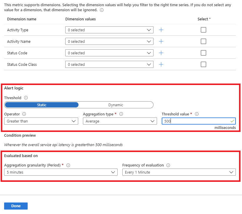 Screenshot che mostra la logica configurata per una soglia di avviso statica.